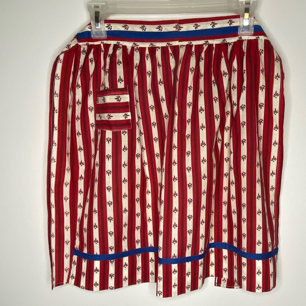 Vintage Red and White Striped Apron with Blue Accents Pocket Cotton